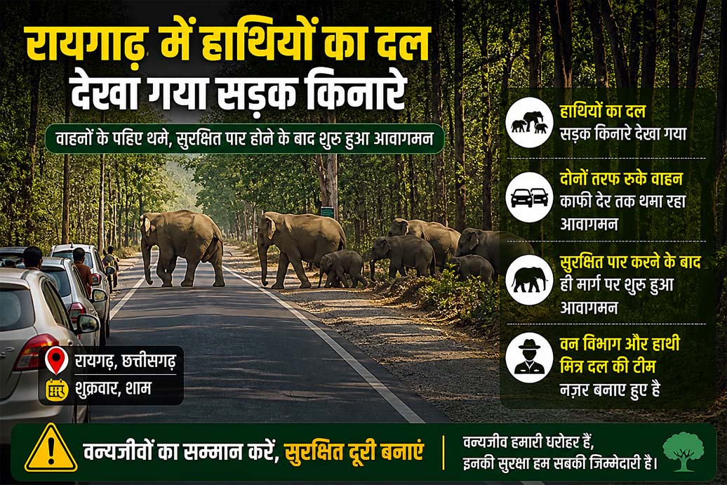 हाथियों का दल आया सड़क किनारे, वाहनों की लगी लंबी कतार, कई गांव के लोगों को किया गया अलर्ट