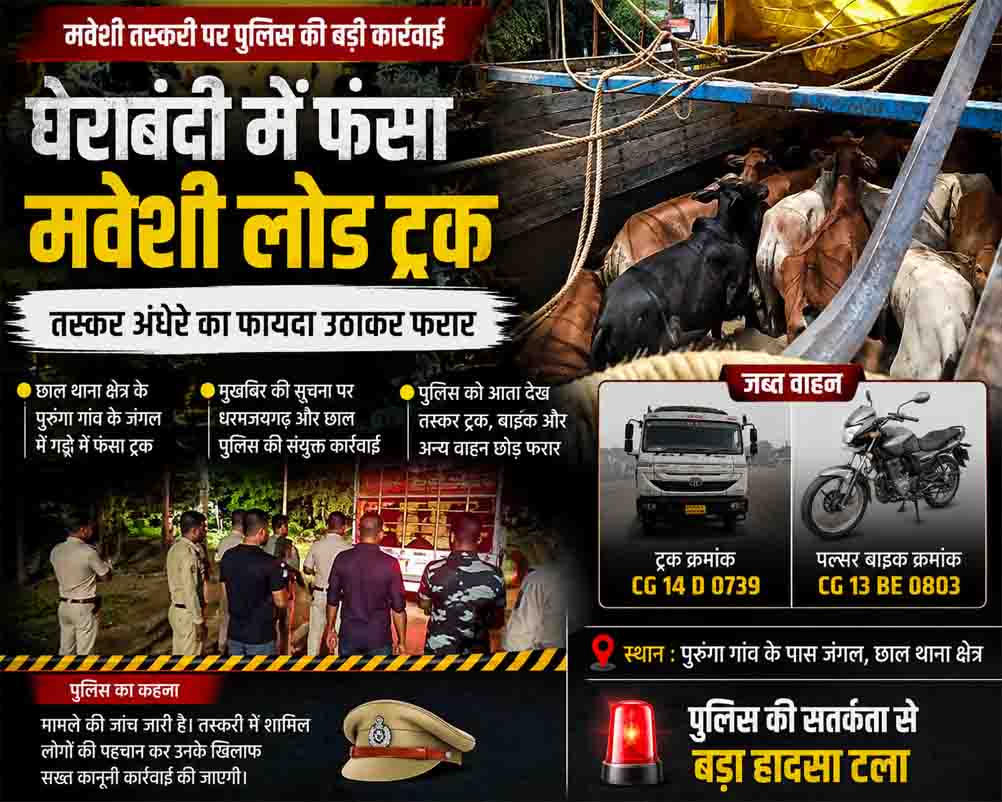 जंगल में गड्ढे में फंसा मवेशियों से भरा ट्रक, पुलिस पहुंची तो तस्कर फरार; बाइक भी छोड़ गए